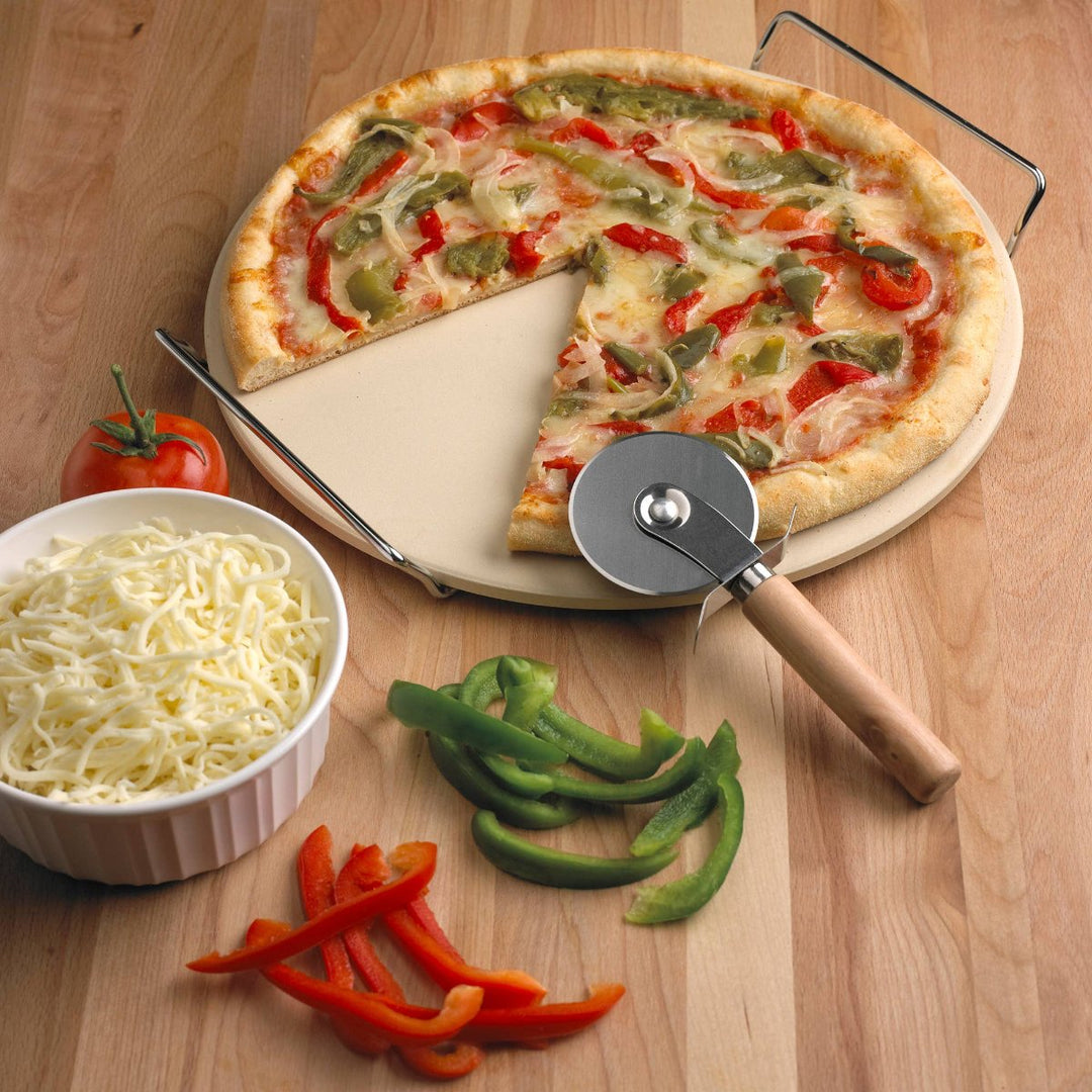 Serving pizza on the pizza stone set for a  pizza night.