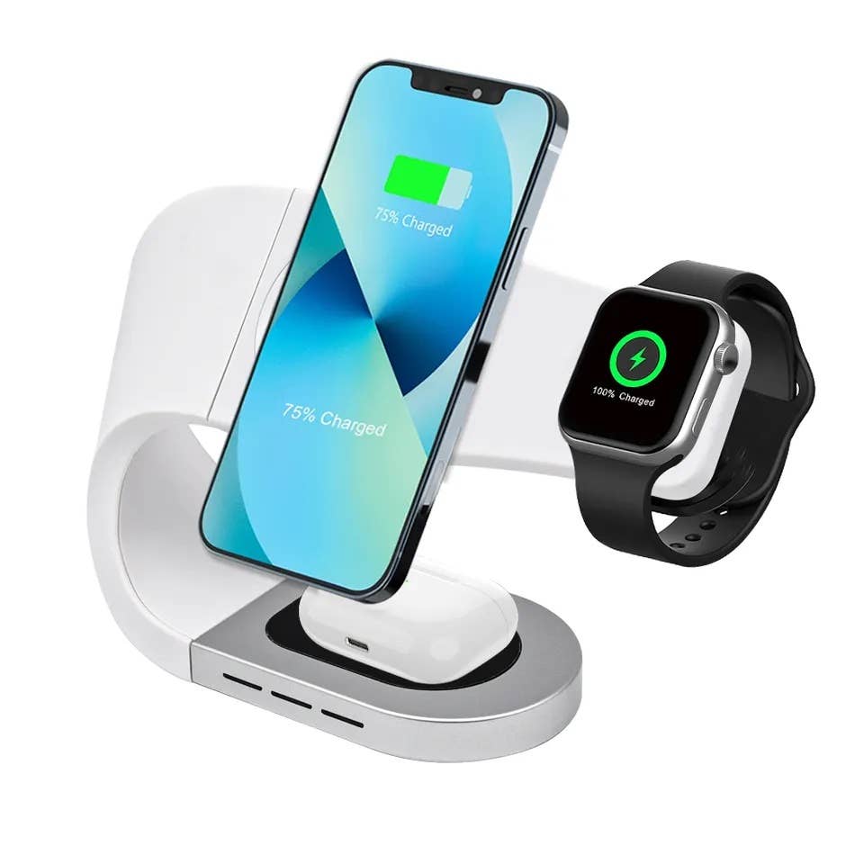 3-in-1 Charger white color way shown charging I-phone, smart watch, and earbuds. 