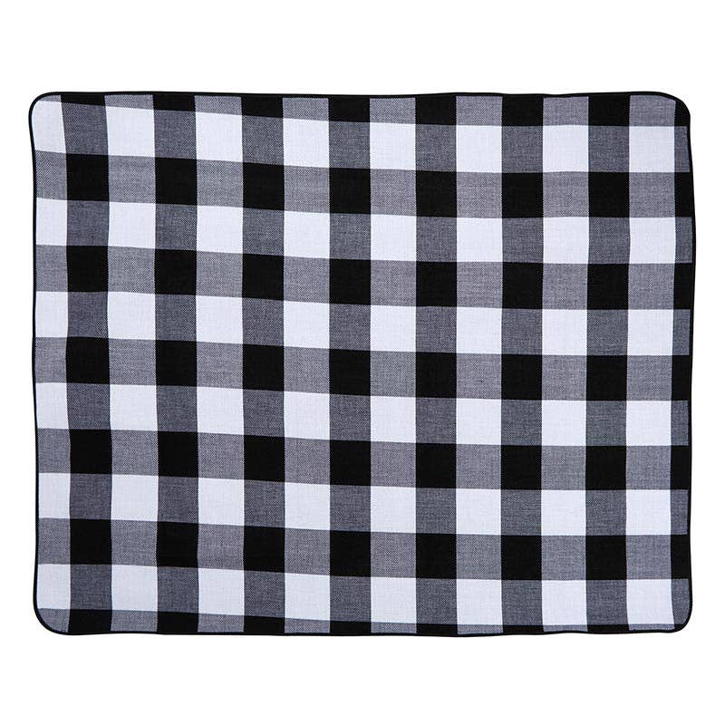 Buffalo Check Picnic Blanket with waterproof backing and PU leather straps Opened 