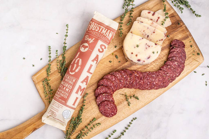 Beef Salami by Foustman's, all-natural uncured salami with cheese on a serving board.