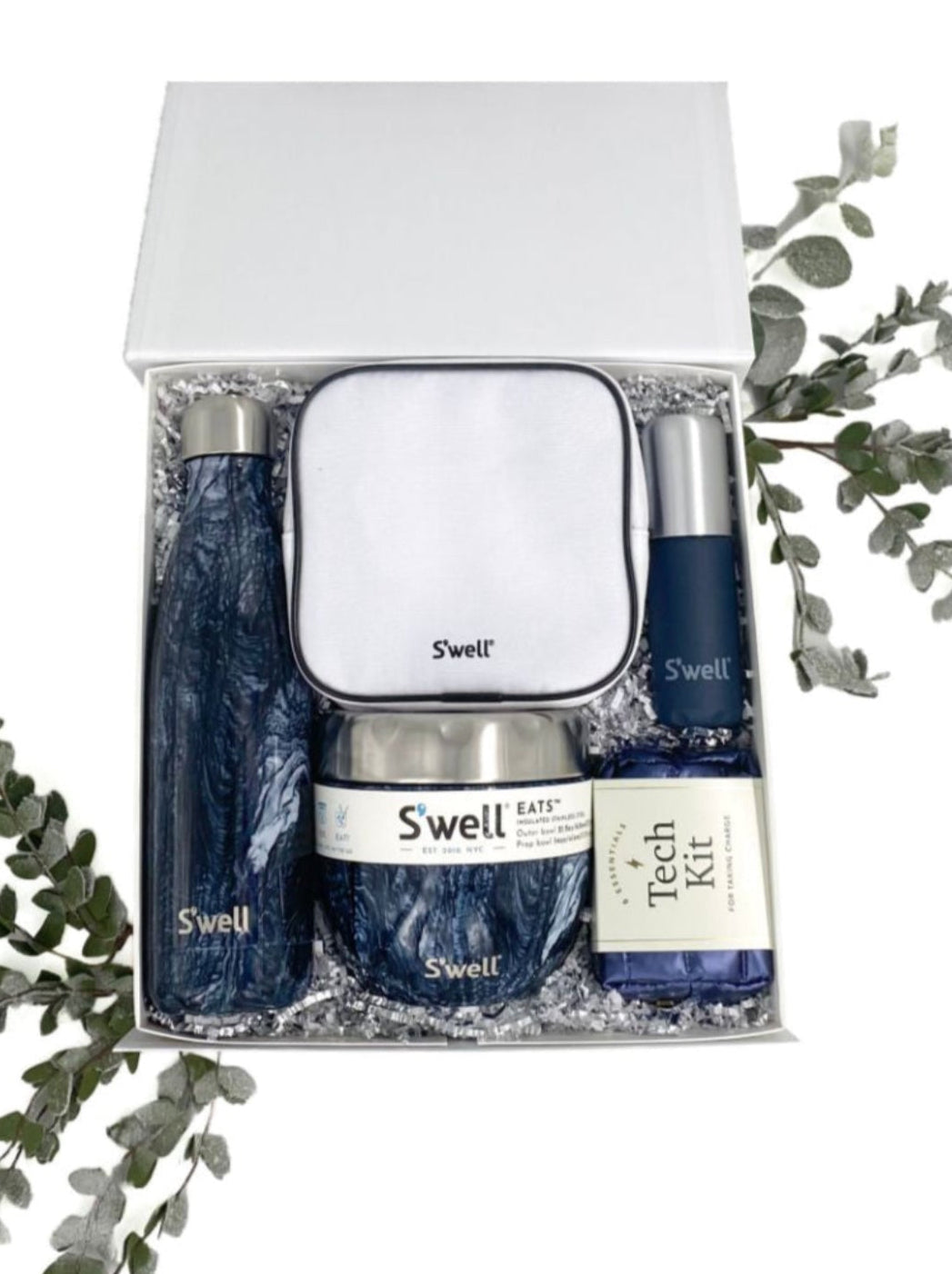 Azure Travel & Wellness Set with Azurite Marble patterns. Set includes 17 oz stainless steel water bottle, food container, travel bottle set, travel tech kit.