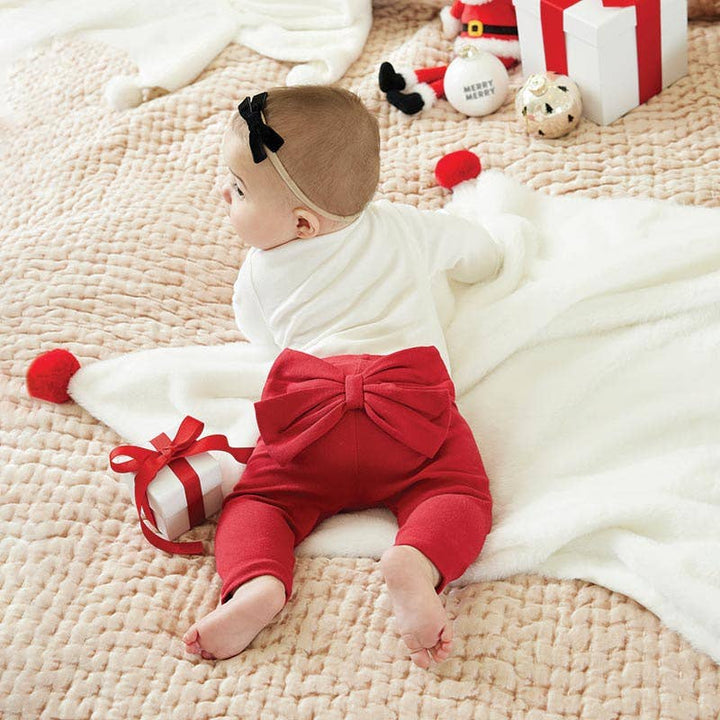 Red Bow Leggings with elastic waistband for a comfortable fit, displayed on baby.