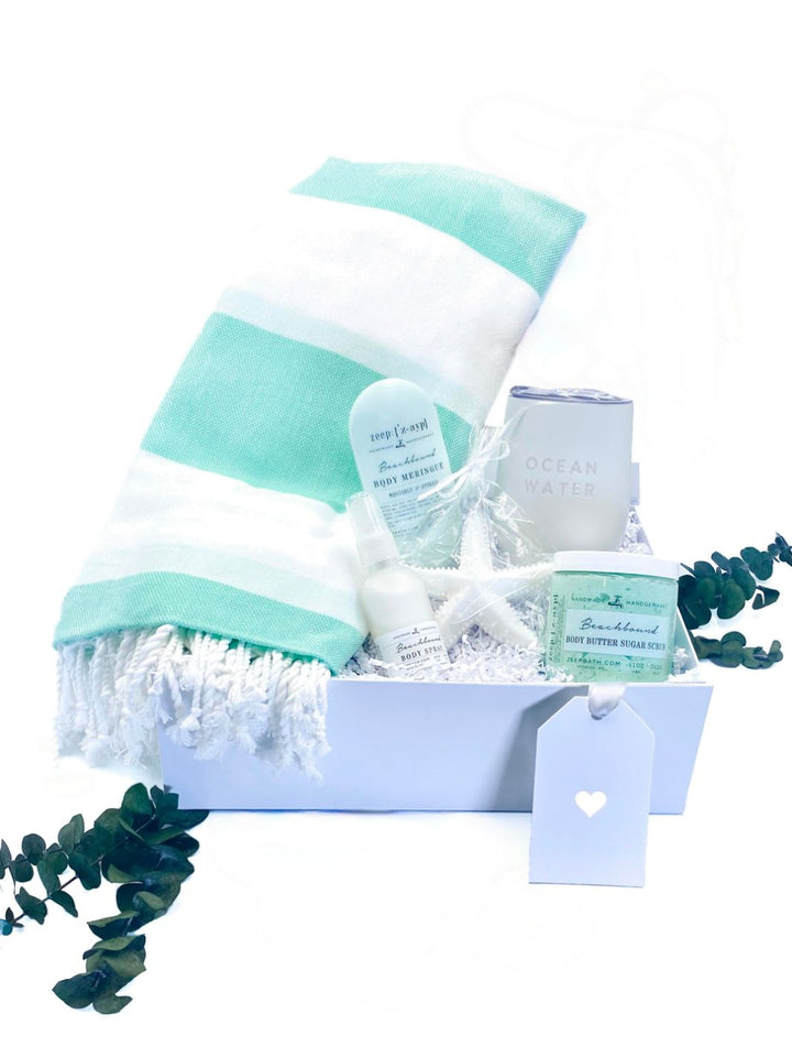 Beach Bound Curated Gift Box with luxurious bath and body products, beach essentials, and summer must-haves.