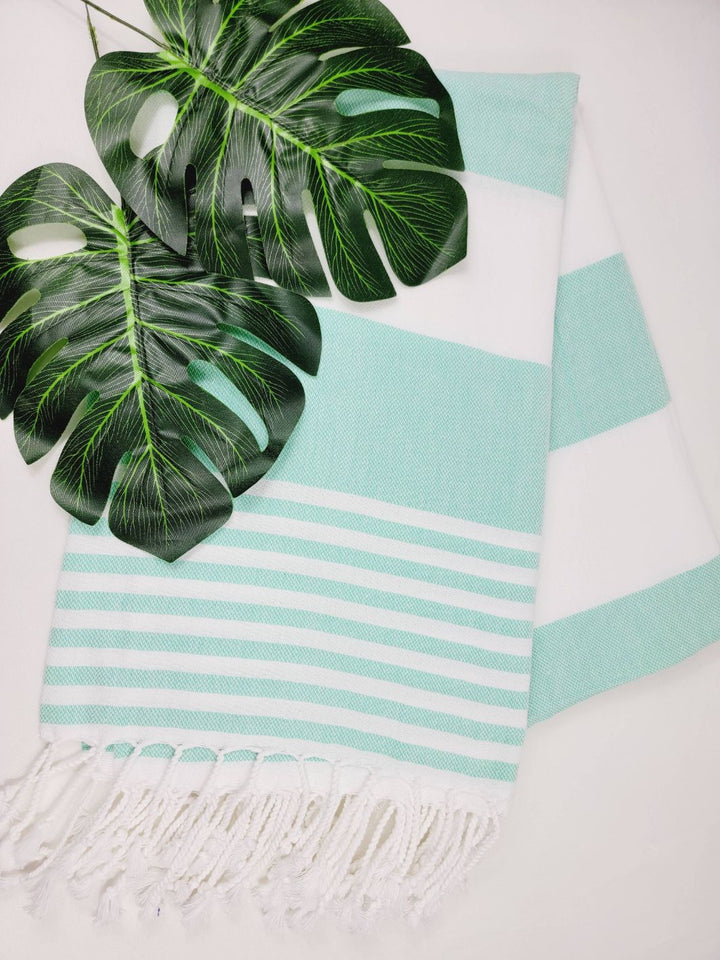 Aqua Striped Turkish Cotton Towel measuring 70x36 inches.