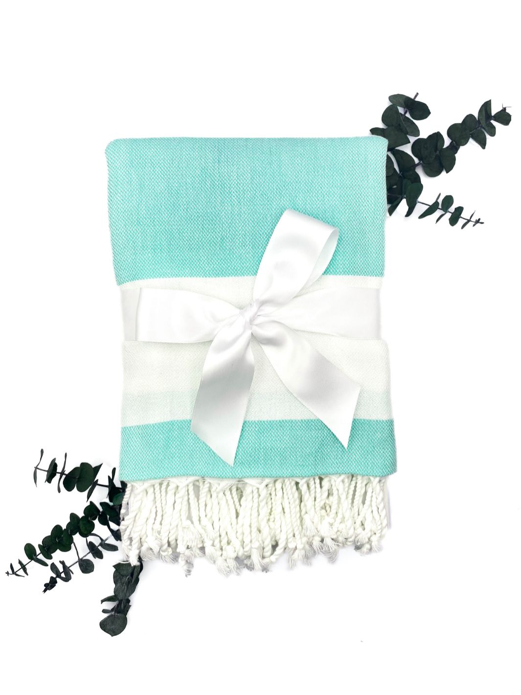 Beachbound Gift Box Exterior with Towel and White Satin Bow.