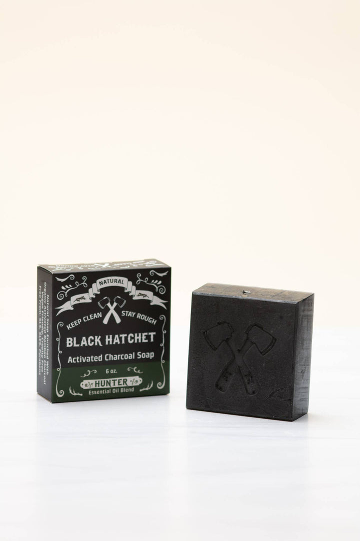 Black Hatchet Hunter Charcoal Soap, a deep-cleansing bar infused with bamboo charcoal and essential oils.