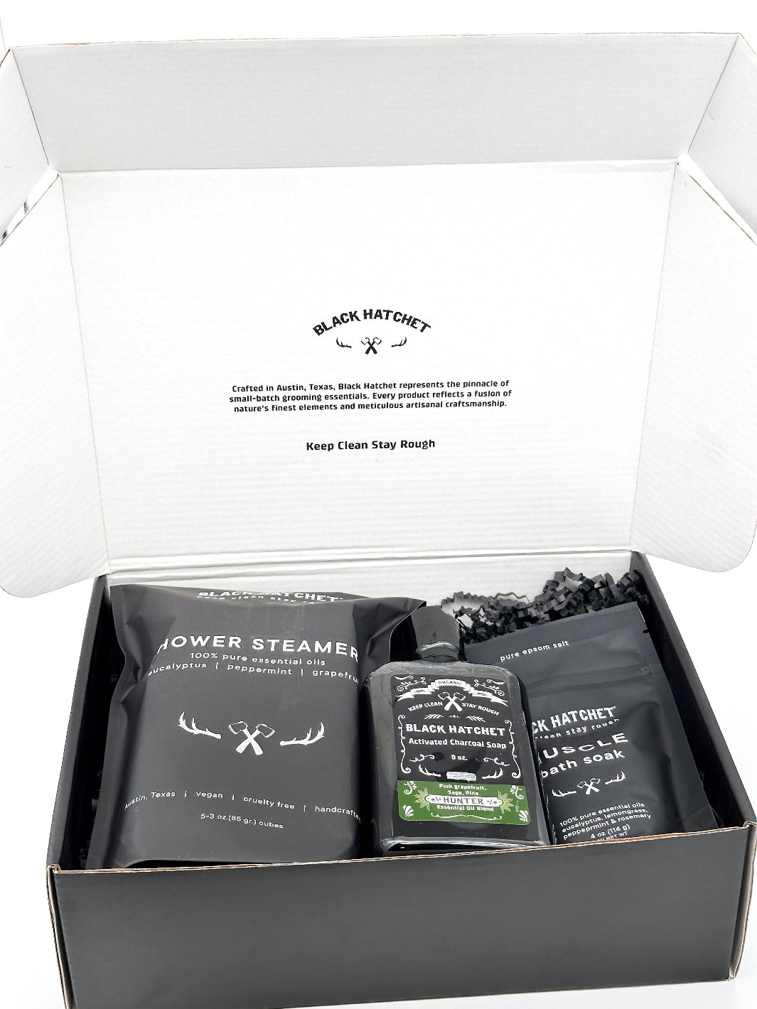 The Black Hatchet Gift Set in its exterior box, ready for presentation as a luxury men’s gift.
