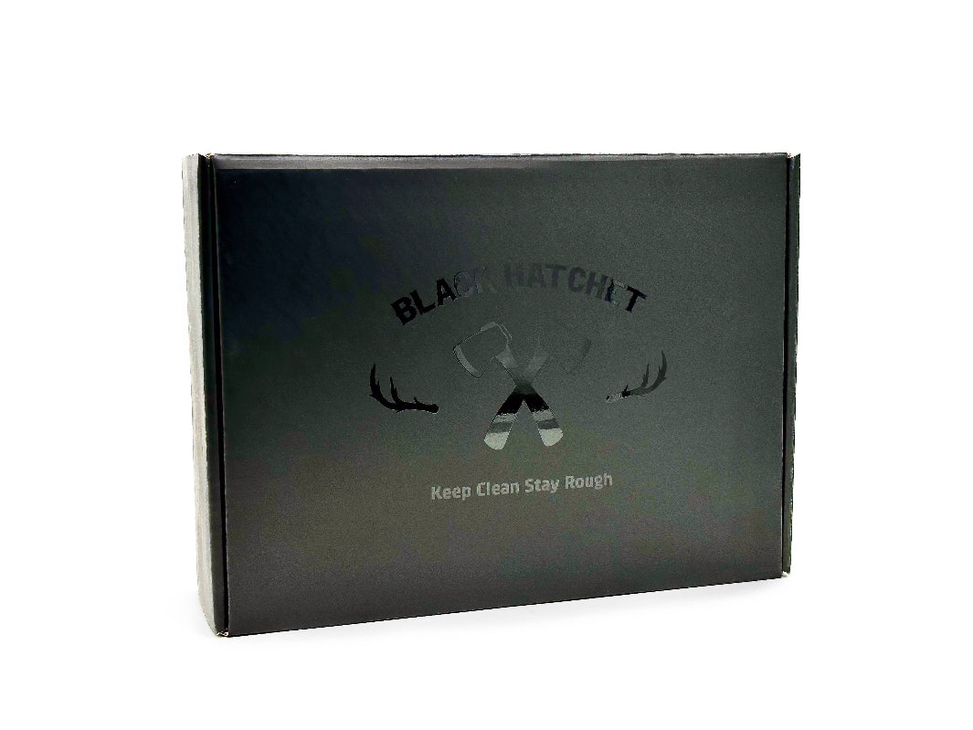 Black Hatchet Gift Set exterior box, featuring a sleek, masculine design perfect for gifting.
