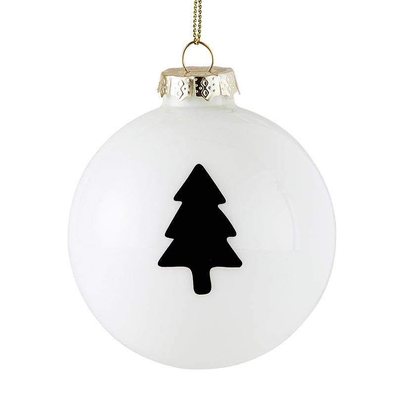 Glass ornament with a minimalist black Christmas tree design, shown hanging from a lurex cord.