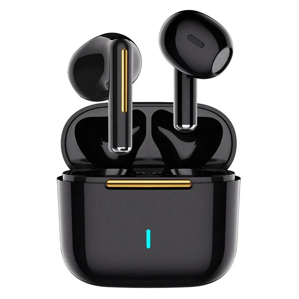 A pair of Black True Wireless Earbuds by Tech Trendz with gold detailing and a matching charging case, highlighting their sleek and modern design.