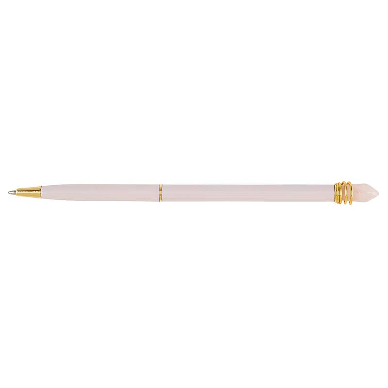 Blush crystal pen with gold accents and a sparkling crystal topper, featuring a sleek design perfect for writing, journaling, or gifting.