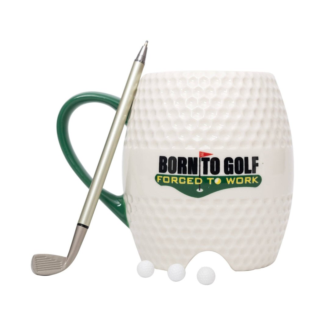 Born to Golf, Forced to Work Mug with Putter Pen and Golf Balls.