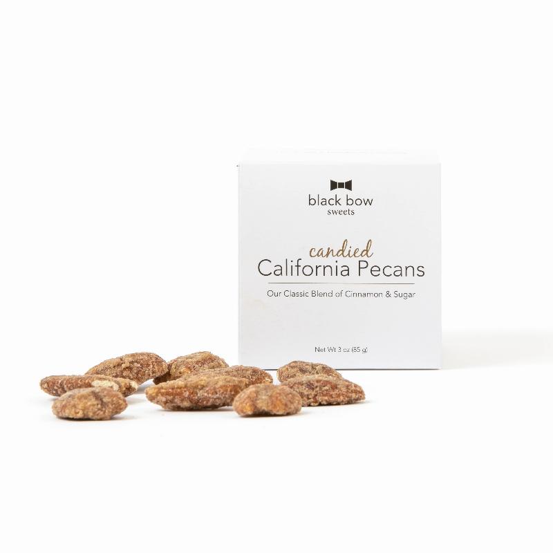 Candied California Pecan Gift Box, featuring cinnamon sugar-flavored pecans, handmade with California pecans. Perfect for a comforting snack.