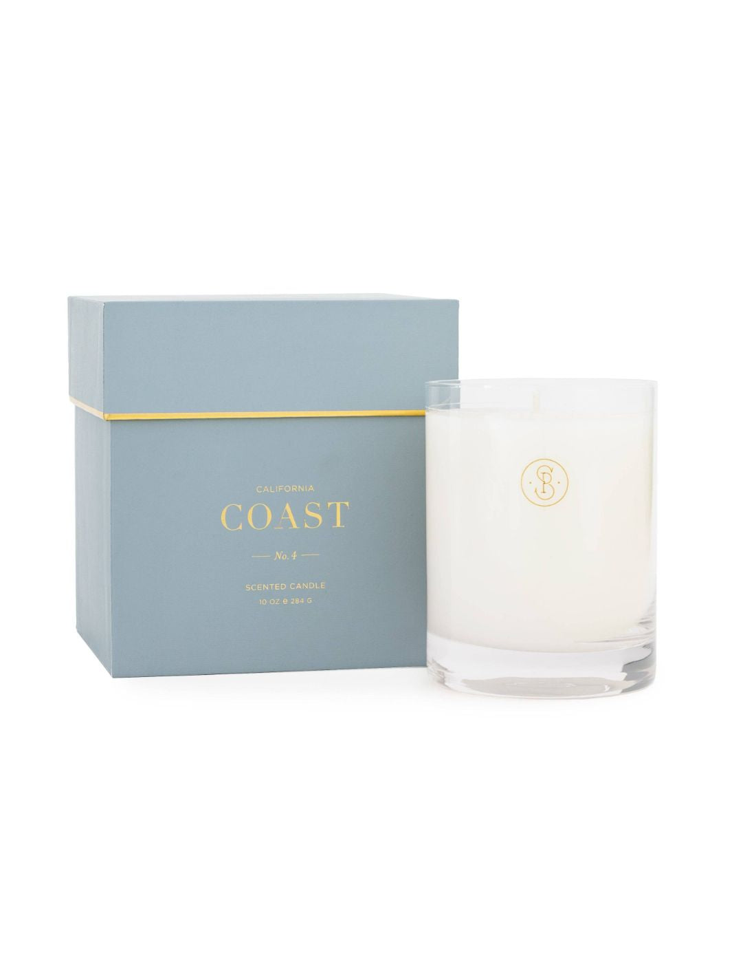 California Coast Signature Candle with a cotton wick pictured beside its elegant gift box.