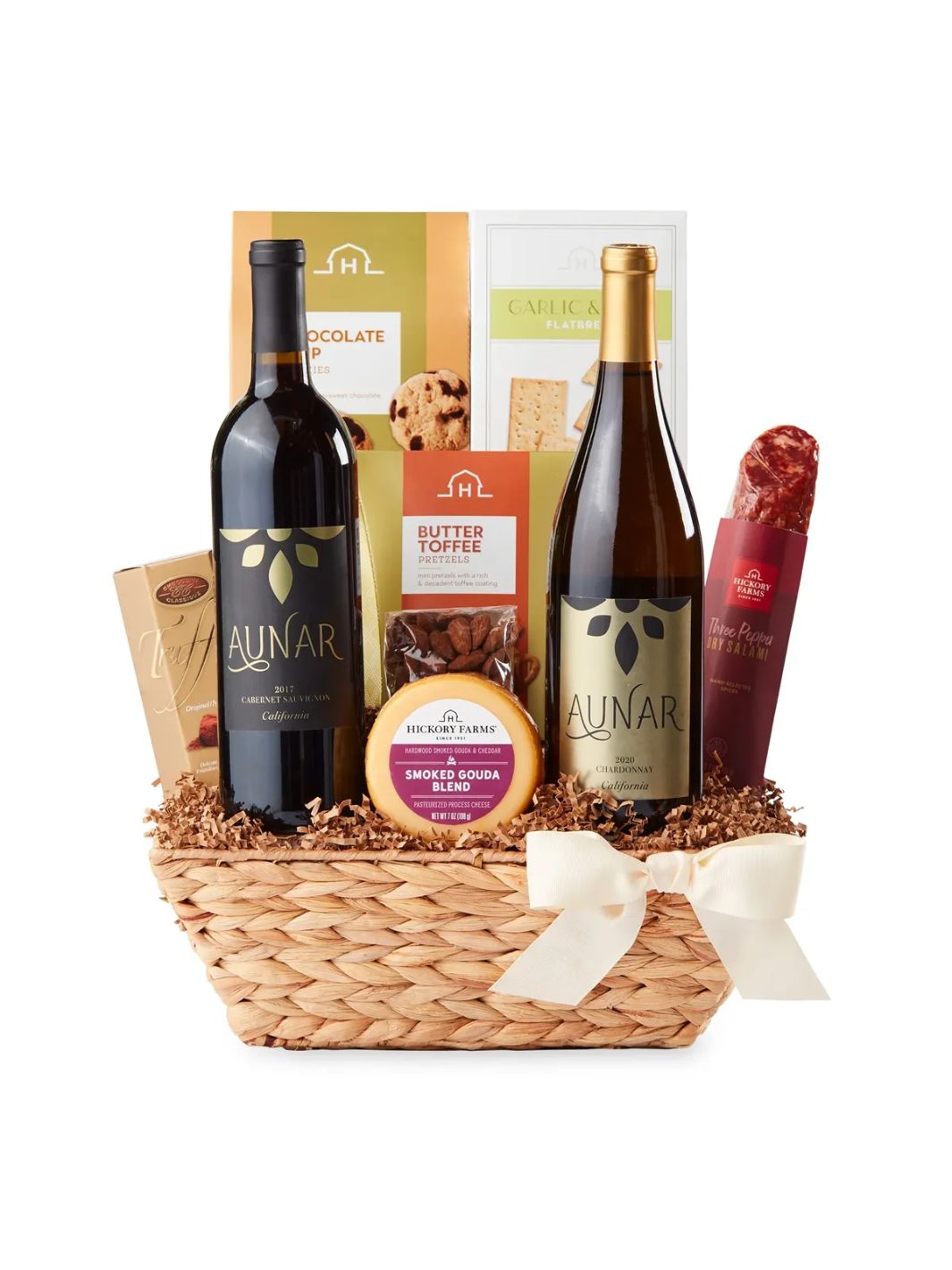 California Vacation Wine Gift Basket featuring Aunar wines and Hickory Farms snacks in an elegant keepsake basket.