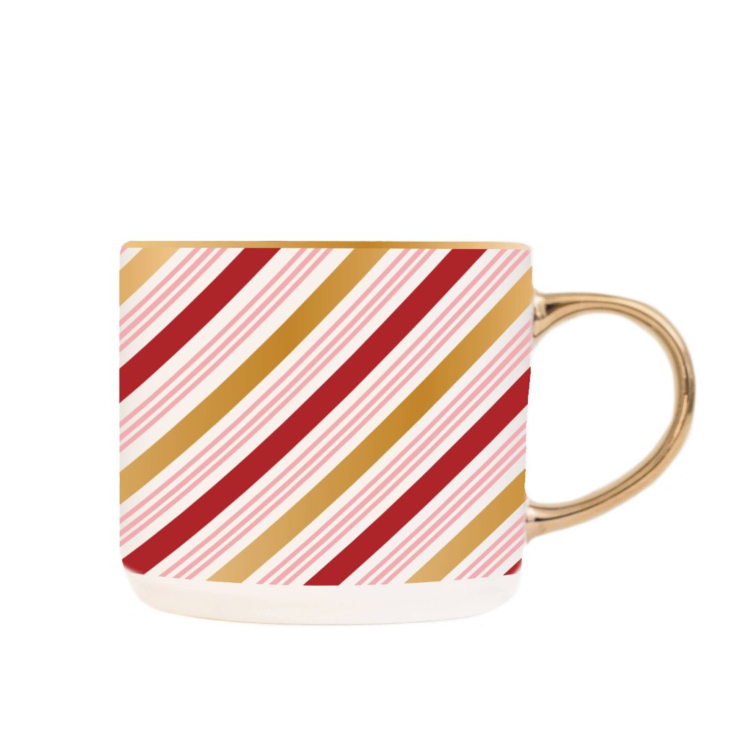 Side view of Candy Cane Coffee Mug, showing gold detailing and festive design