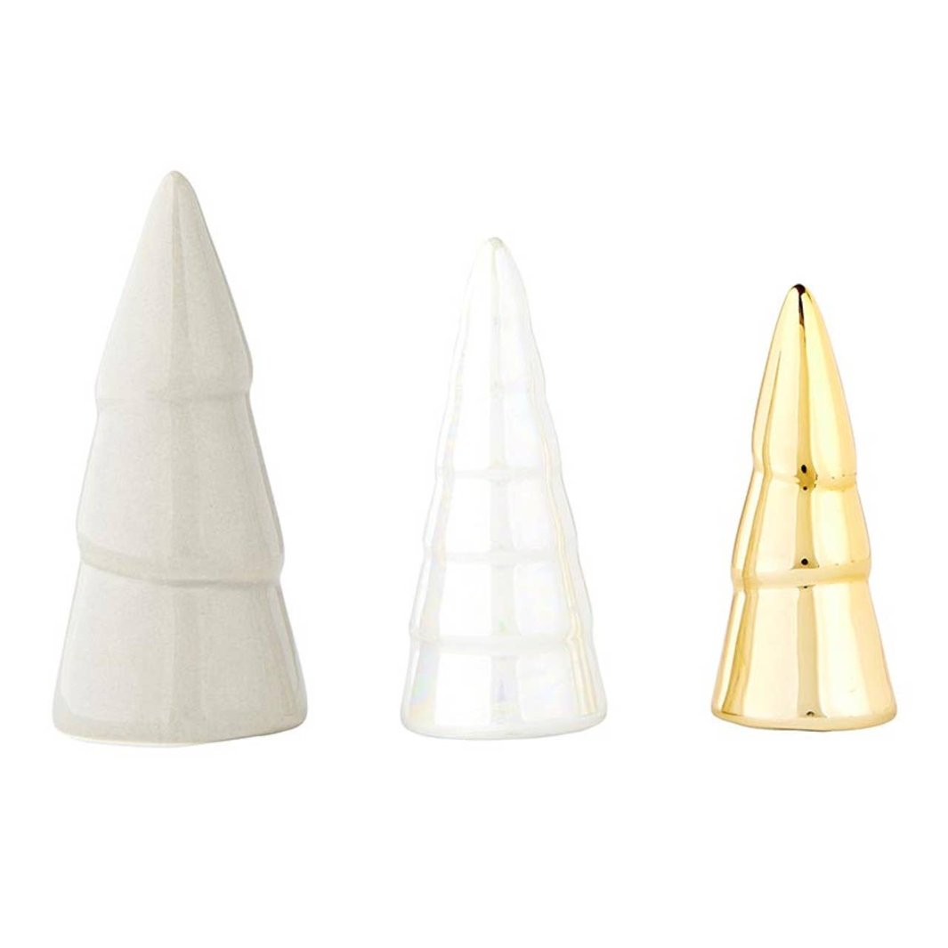 Set of Three Ceramic Holiday Trees in taupe,, white and gold colors.