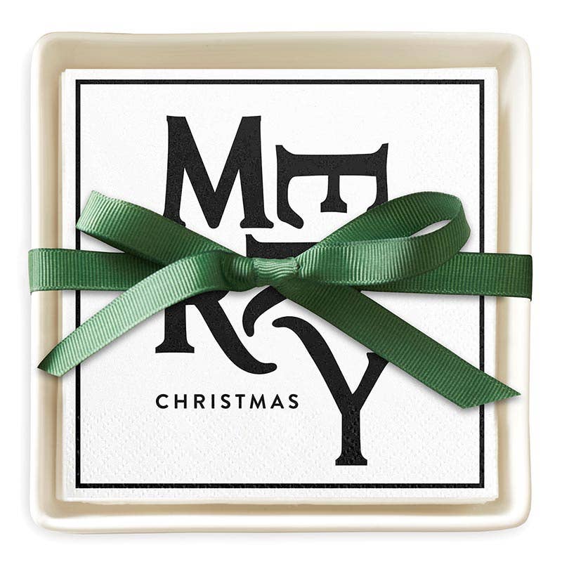 Merry Christmas Ceramic Napkin Tray + Napkins