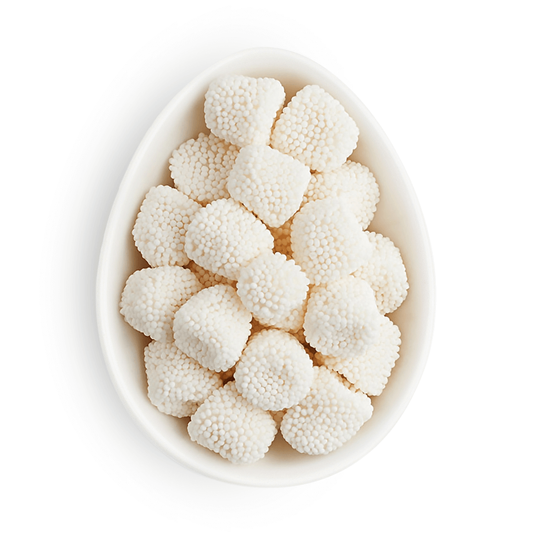 Champagne-flavored gummy candies dressed in tiny white nonpareils.