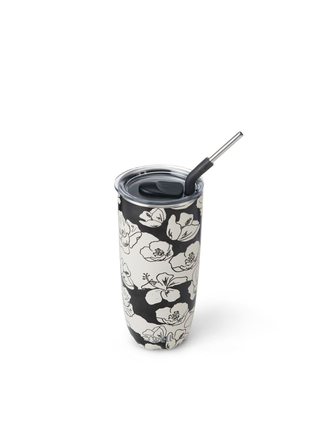 S'well Tumbler with Stainless Steel Straw, Chic Charcoal Bloom Pattern, 24oz, triple-layered, vacuum-insulated.