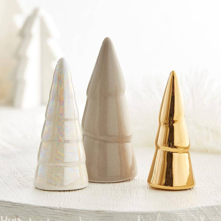 Close-up of the winter white, taupe, and gold ceramic trees from the Charcuterie Tree Set.