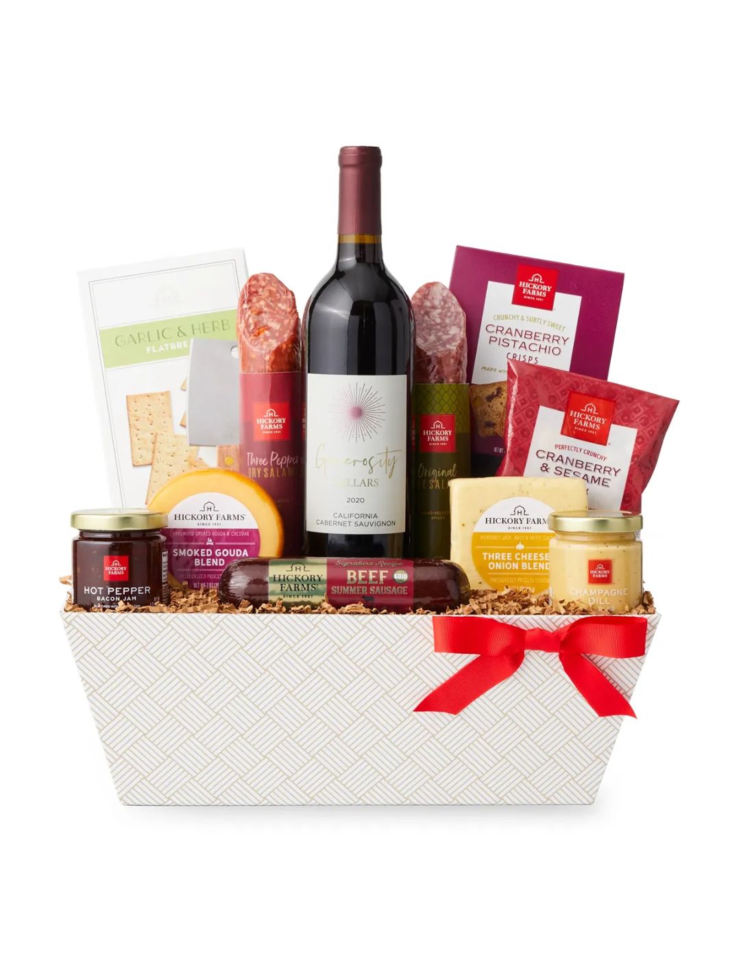 Charcuterie & Wine Gift Basket featuring Generosity Cellars Cabernet Sauvignon with Hickory Farms gourmet meats, cheeses, and snacks.