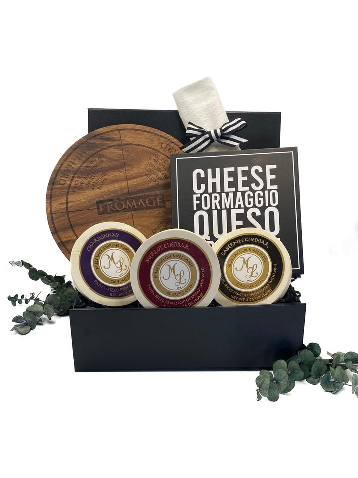 Cheese and Cheers Gift Box with Serving Board, Cheese Knife Set, Tea Towel, and Gourmet Cheeses