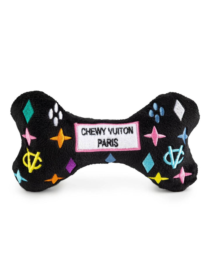 Black Monogram Chewy Vuiton Bone Squeaker Dog Toy by Haute Diggity Dog.