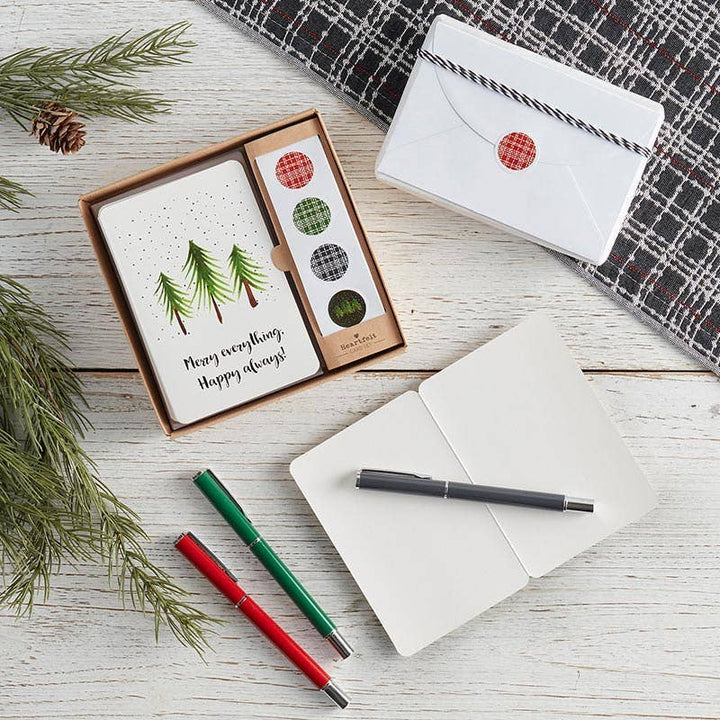 Festive Christmas pen set shown with cards.