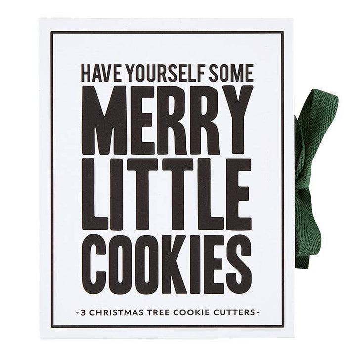 Exterior of the Christmas Tree Cookie Cutters Set states "Have Yourself Some Merry Little Cookies". Tied with a festive green ribbon.