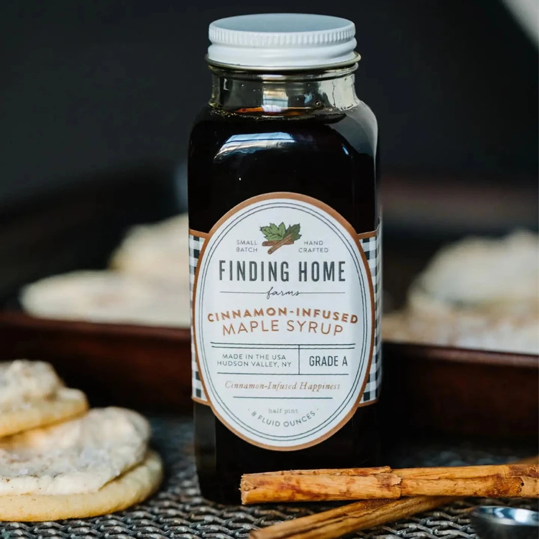 Cinnamon-infused maple syrup in 8 oz bottle from Finding Home Farms.