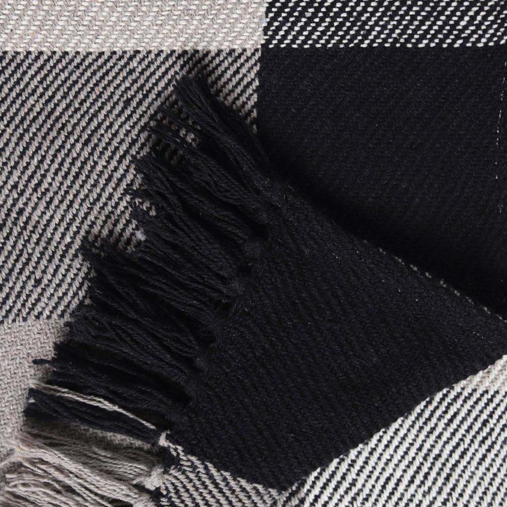 Close-up of REDEARTH 100% cotton jacquard throw blanket texture in black and grey plaid.