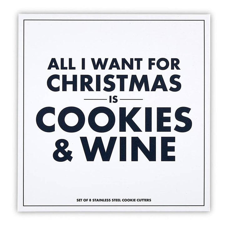 Exterior of Cookies & Wine Cookie Cutter Box states "All I Want For Christmas Is Cookies & Wine".