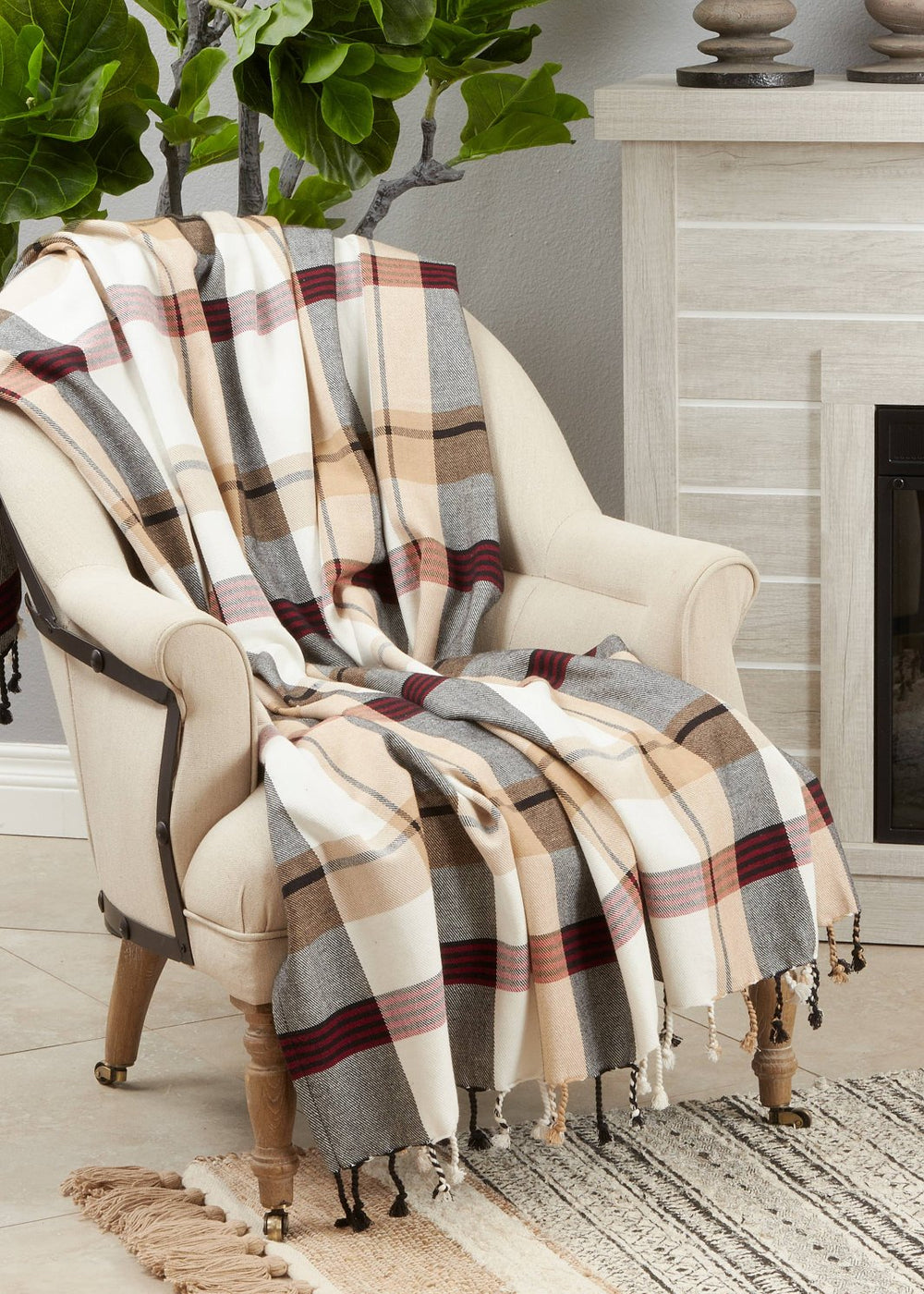 Grey and Camel Plaid Throw Blanket