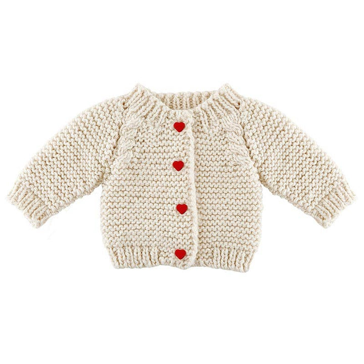 Cozy Knit Sweater with Heart Buttons for babies, size 0-6 months.