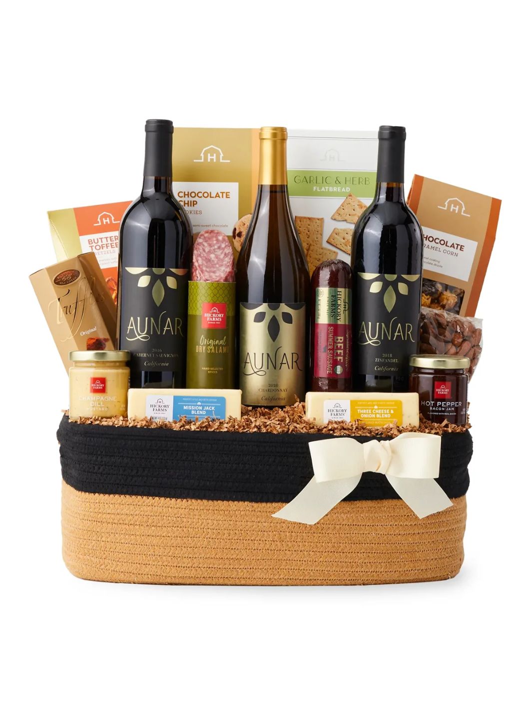 Elite California Wine Gift Basket featuring three Aunar California wines and Hickory Farms snacks in a rope keepsake basket.