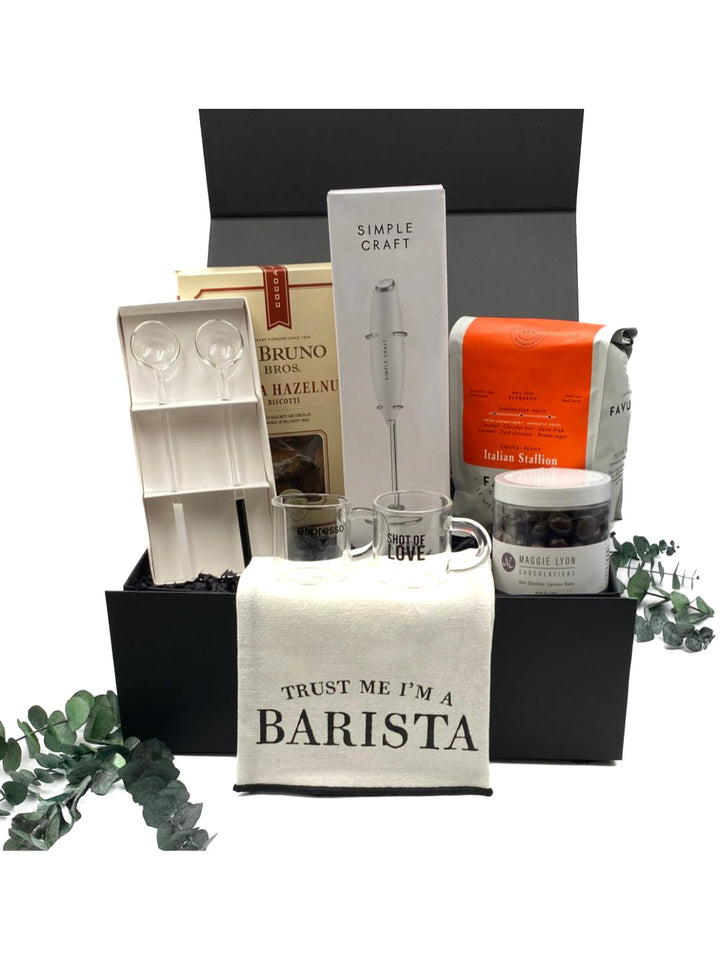 Espresso Delight Gift Box with Whole Bean Espresso, Glass Espresso Cups, Dipped Glass Spoons, Tea Towel, Milk Frother, Cocoa Hazelnut Biscotti, and Dark Chocolate Espresso Beans