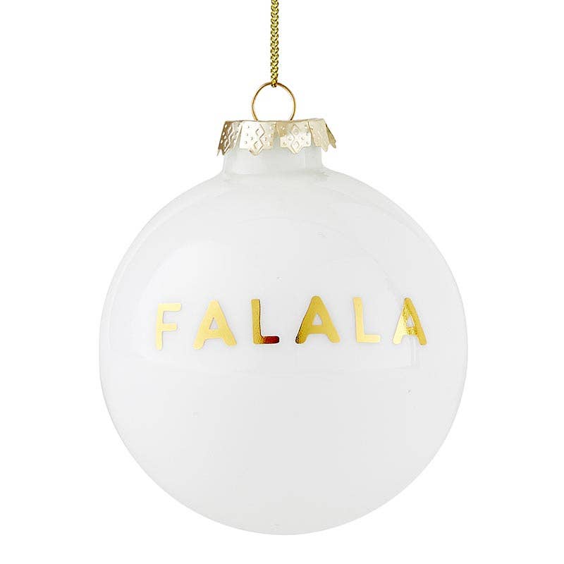 FaLaLa Ornament with Gold Lettering: Close-up of the “FaLaLa” glass ornament with gold lettering, capturing its elegant holiday design and premium lurex cord.