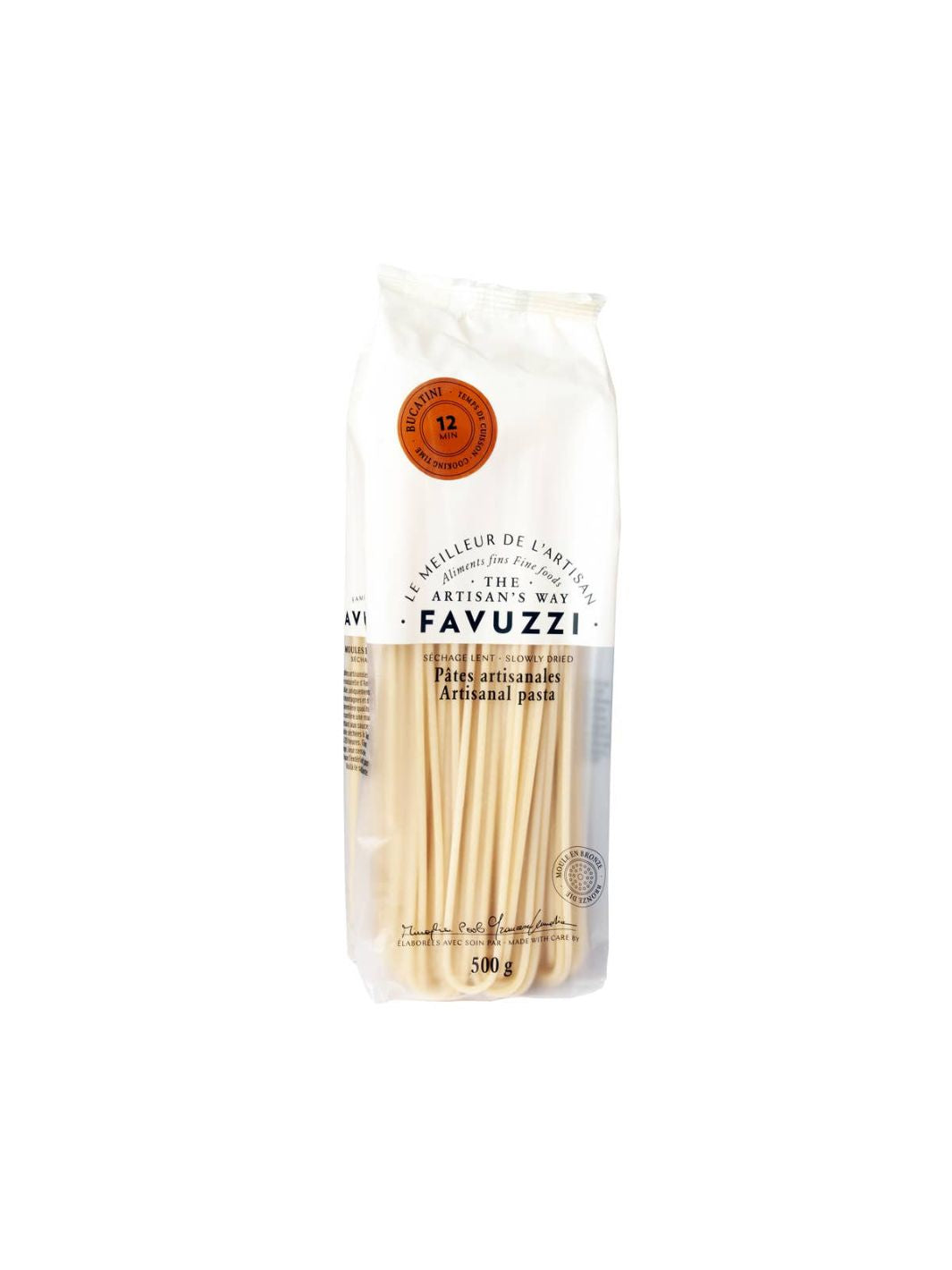 Favuzzi Bucatini artisanal pasta, long pasta with a hole for sauce retention.