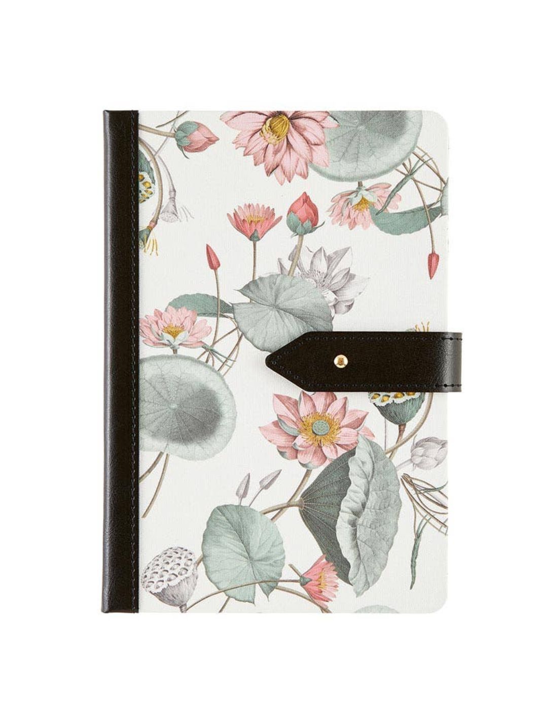 Floral journal with linen cover, vegan leather binding, and closure strap, included in the Free & Fabulous Retirement Gift Set.