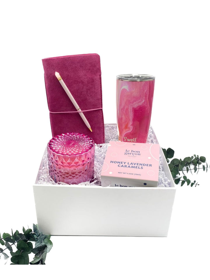 Fuchsia Inspiration Gift Box with journal, pen, tumbler, candle, and caramels.