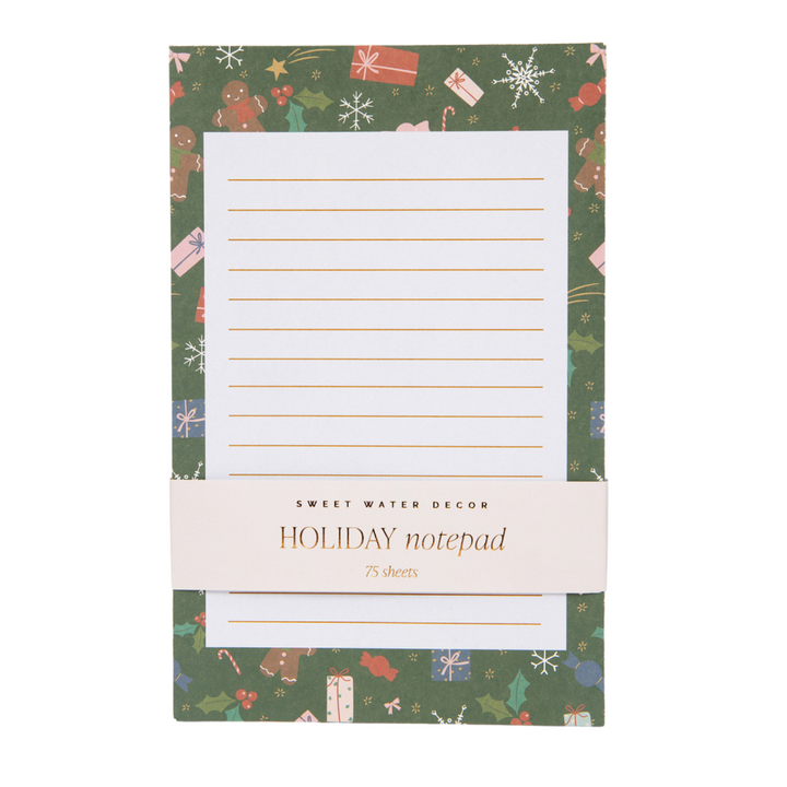 Gingerbread Pattern Notepad with holiday icons like candy canes and presents on lined sheets.