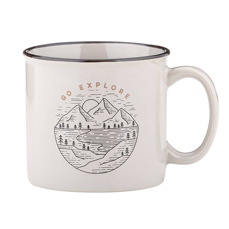 "Go Explore" ceramic campfire mug with a grey finish, metallic gold accents, and a portion of proceeds supports building wells in Uganda.