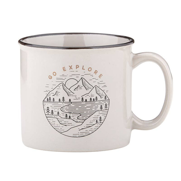 "Go Explore" ceramic campfire mug with a grey finish, metallic gold accents, and a portion of proceeds supports building wells in Uganda.