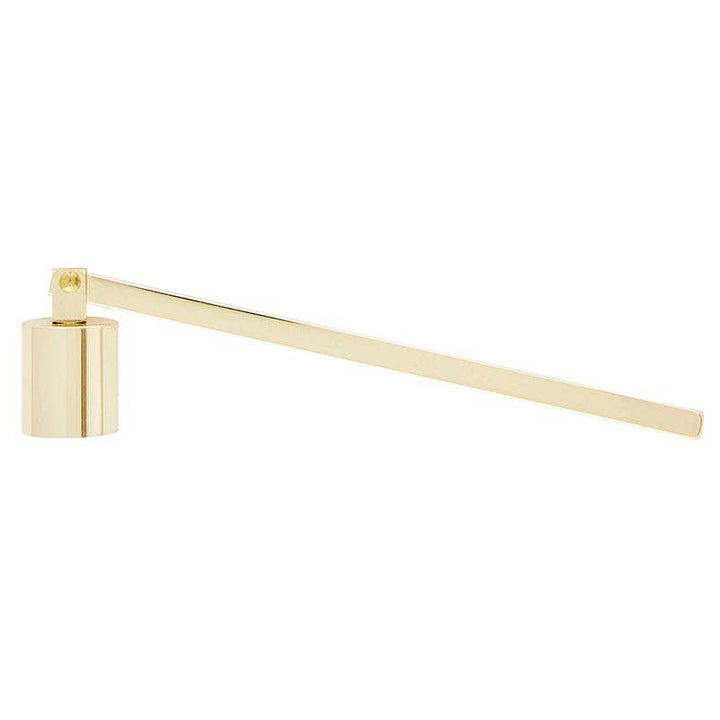 Close up of gold stainless steel candle snuffer.