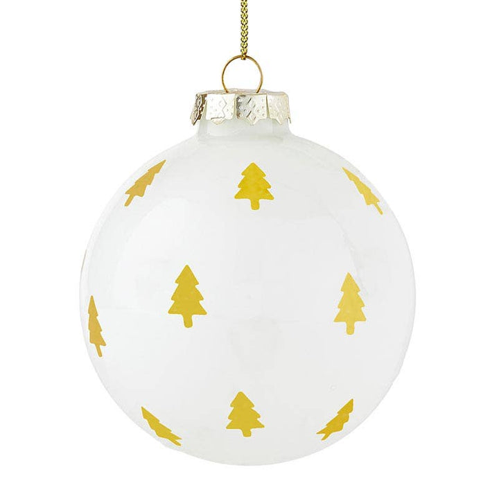 Glass ornament decorated with delicate gold Christmas tree designs, hanging from lurex cord.