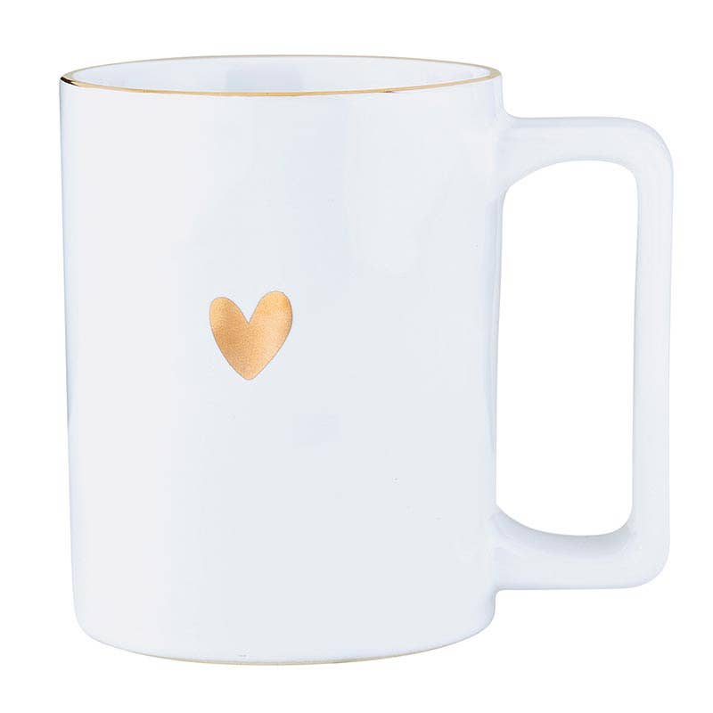 White ceramic mug with an organic shape, square handle, and a dainty gold foil heart design—perfect for coffee, tea, and elegant gifting.