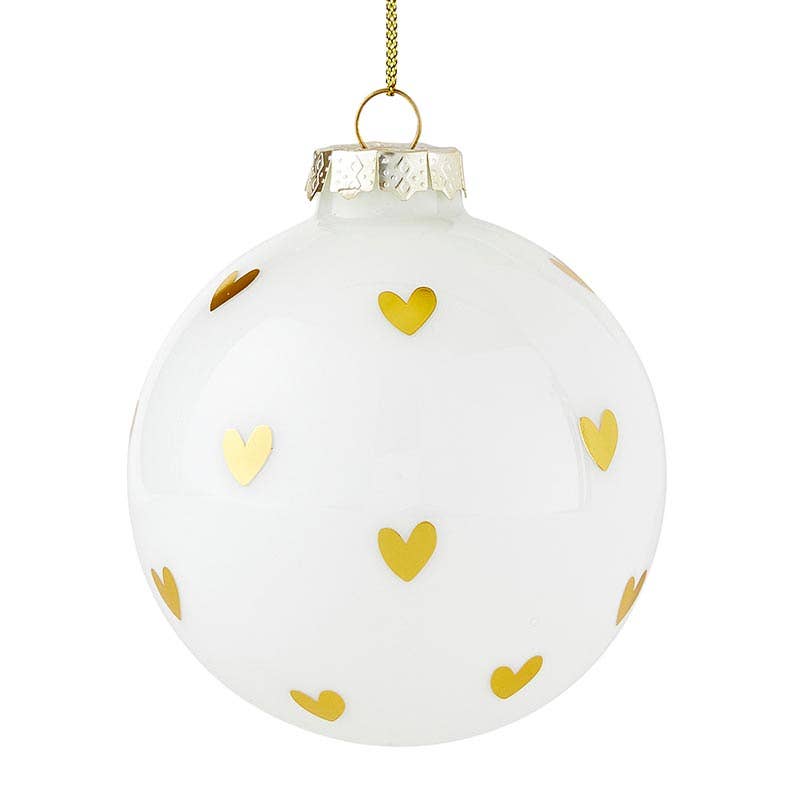 Glass ornament adorned with gold hearts, hanging from gold lurex cord.