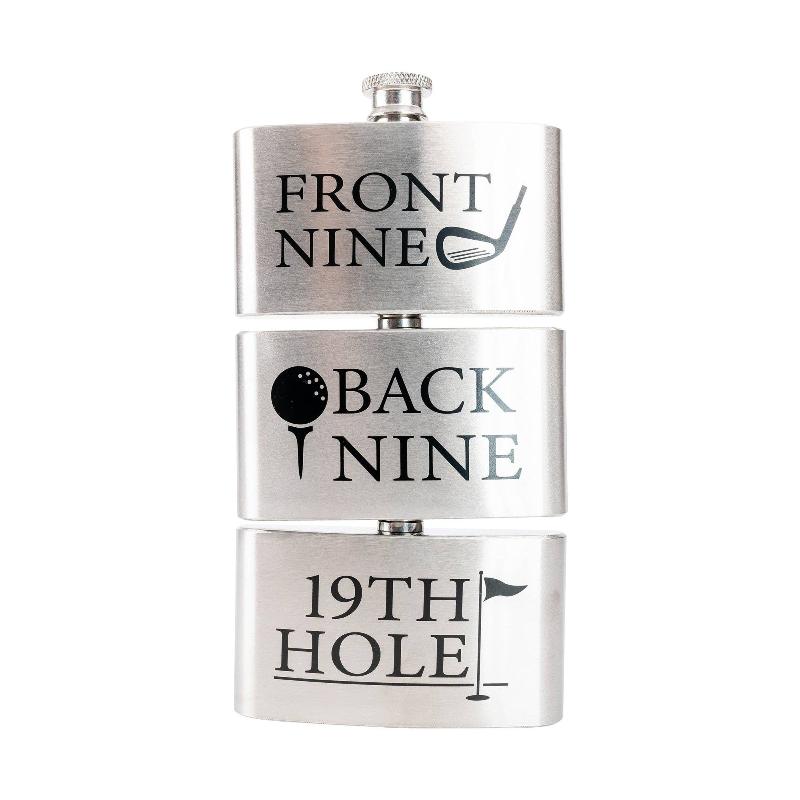 Golfer's Three-Piece Flask shown stacked with three reservoirs: Front Nine, Back Nine, 19th Hole.