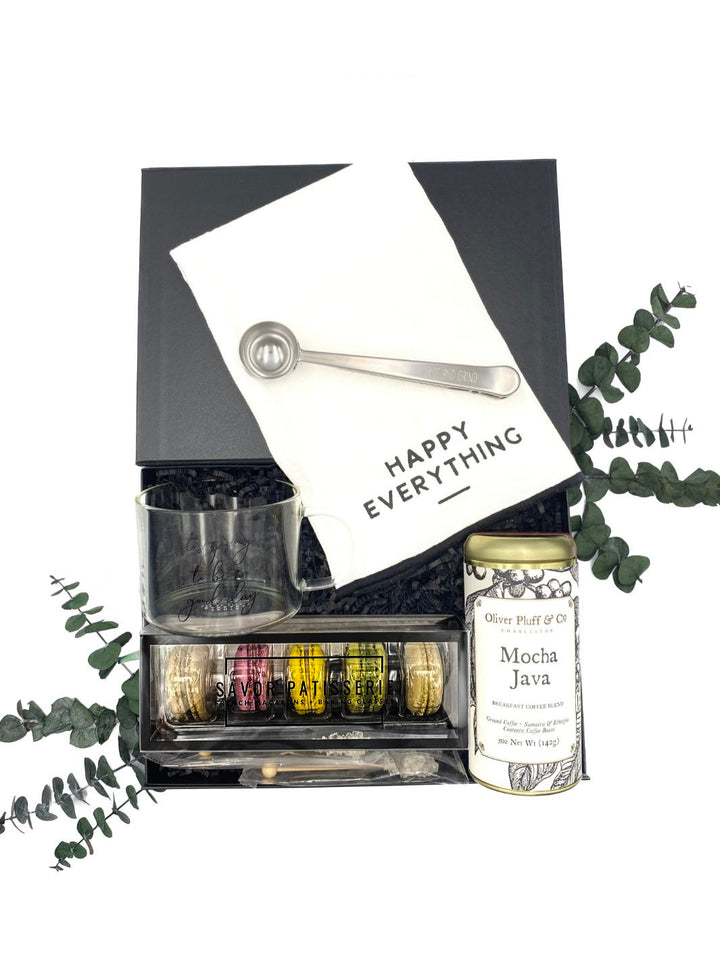 Good Day Gift Box with Glass Mug, Tea Towel, Mocha Java Ground Coffee, Stainless Steel Coffee Clip/Scoop, Macarons, and Rock Candy Swizzle Sticks